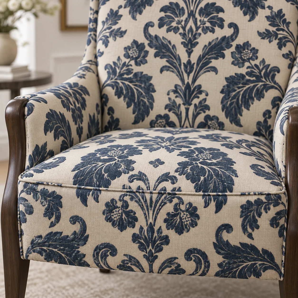 Damask pattern matched across a dining chair back and seat