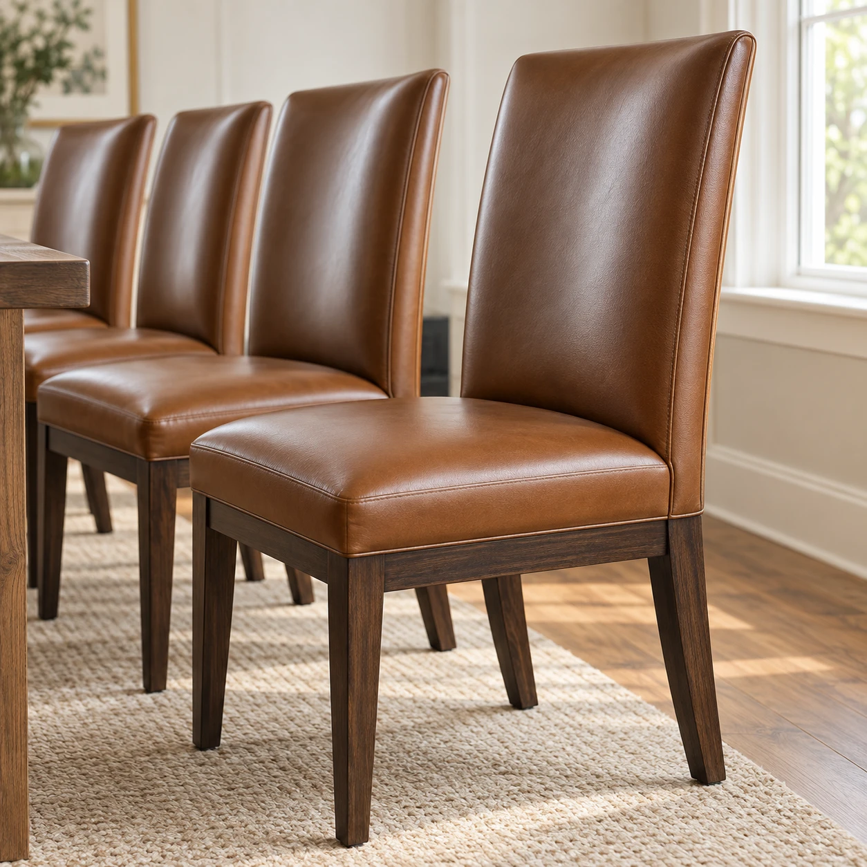 Four brown leather dining chairs lined up along a timber table, every seat and back matching in colour and sheen