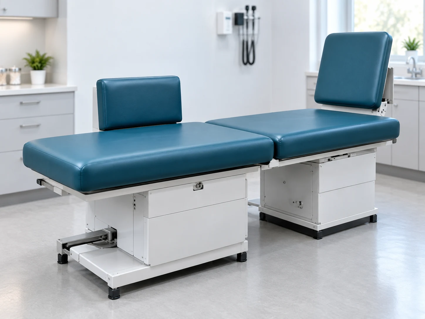 Two recovered split-section exam tables in a clinic exam room