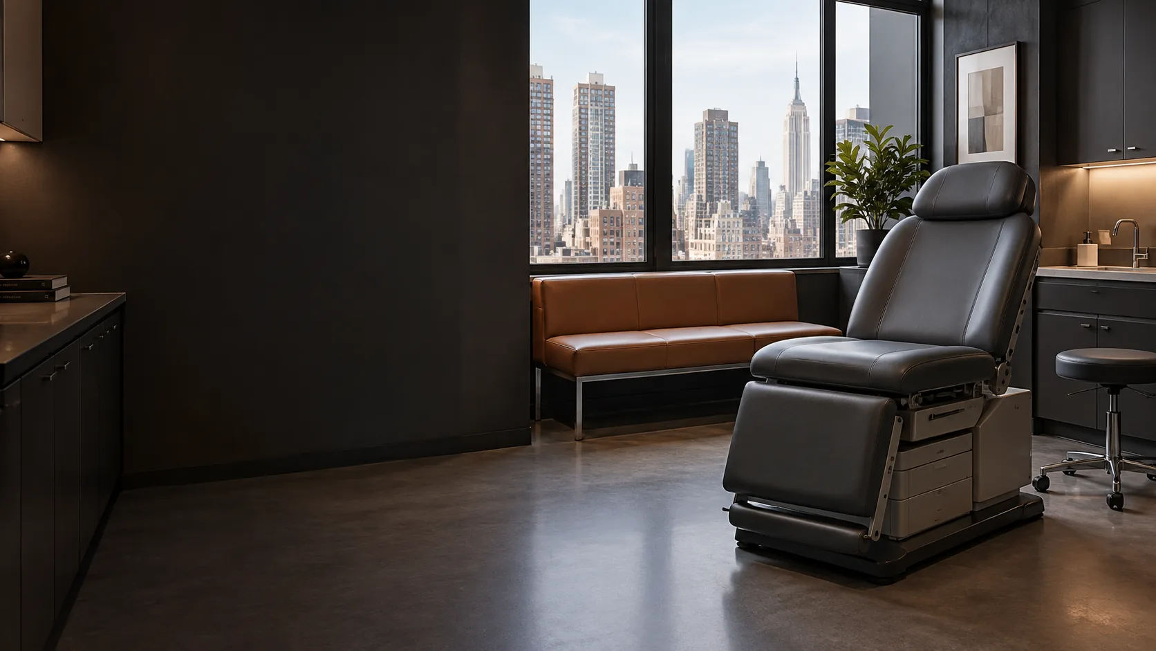 Medical furniture repair NYC: a charcoal exam chair in a Manhattan exam room with a skyline view