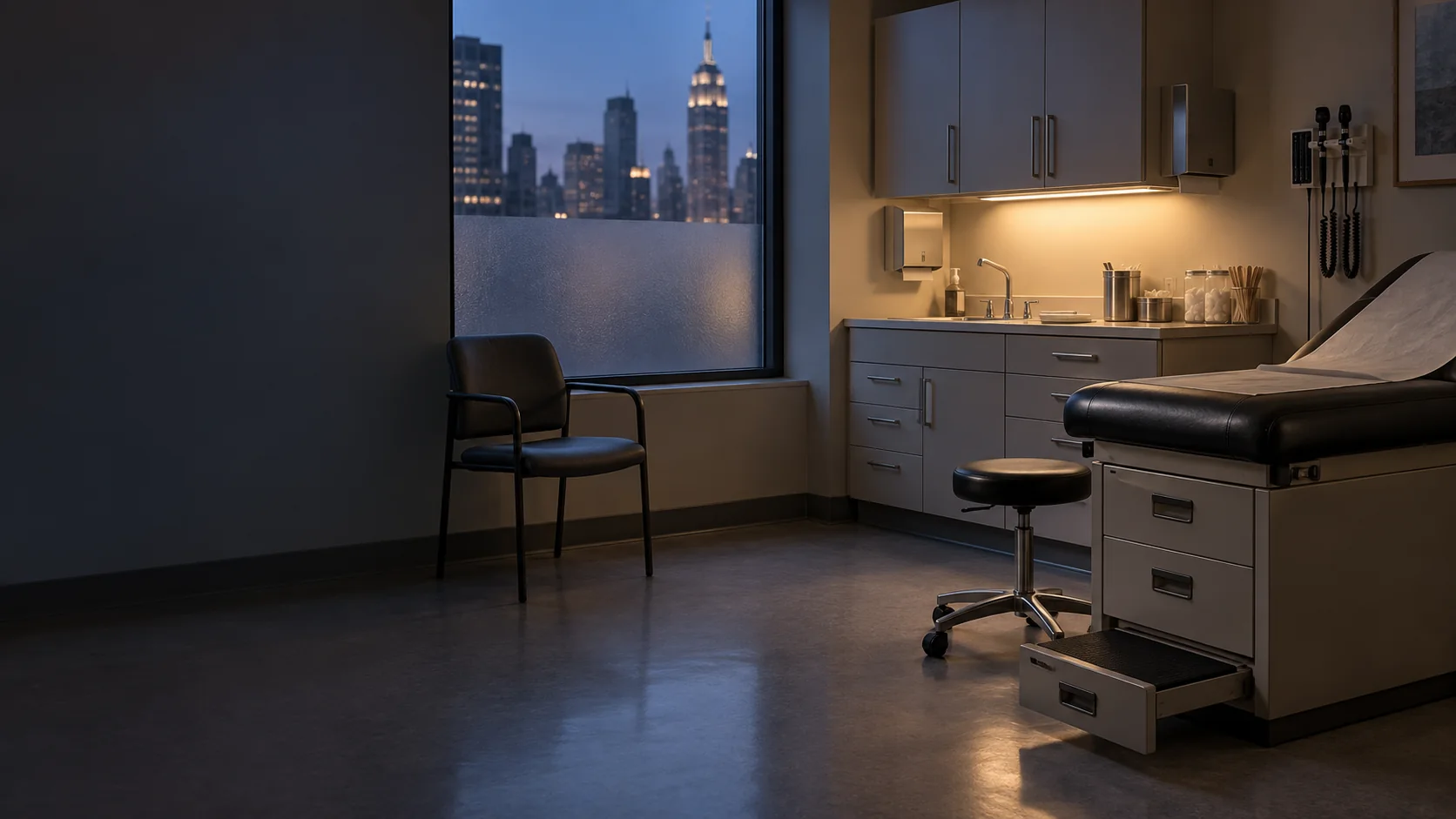 Medical office furniture repair NYC — an empty exam room with a black vinyl exam table, a physician stool and a guest chair, evening light
