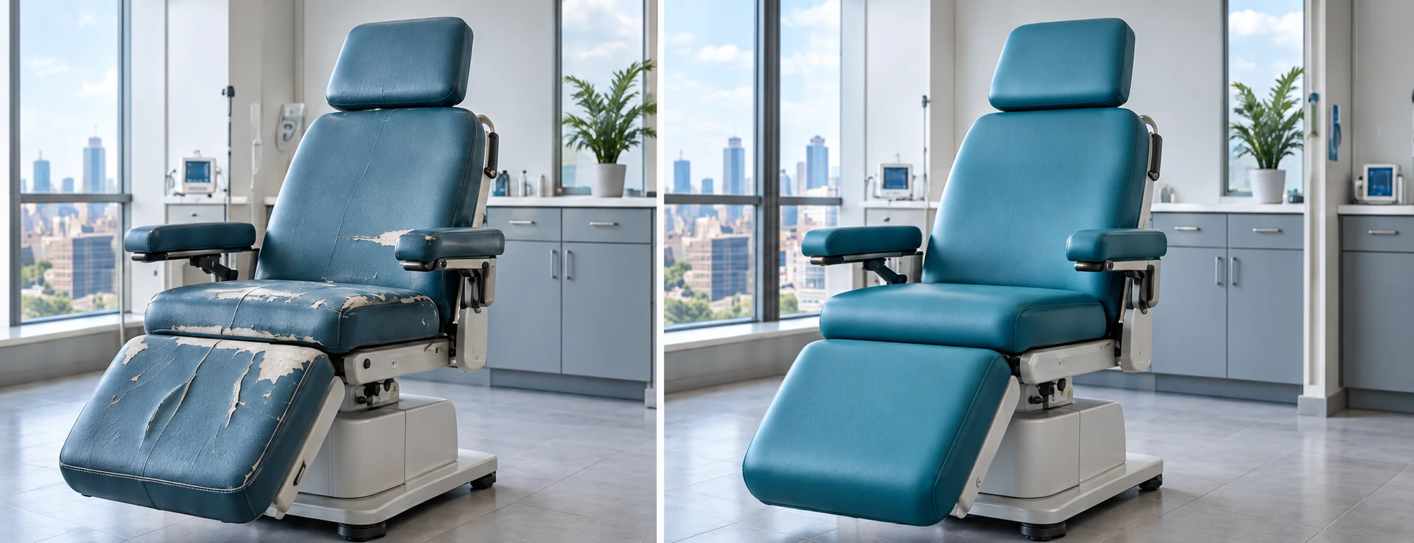Medical chair reupholstery NYC: a treatment chair shown worn, then rebuilt in new vinyl