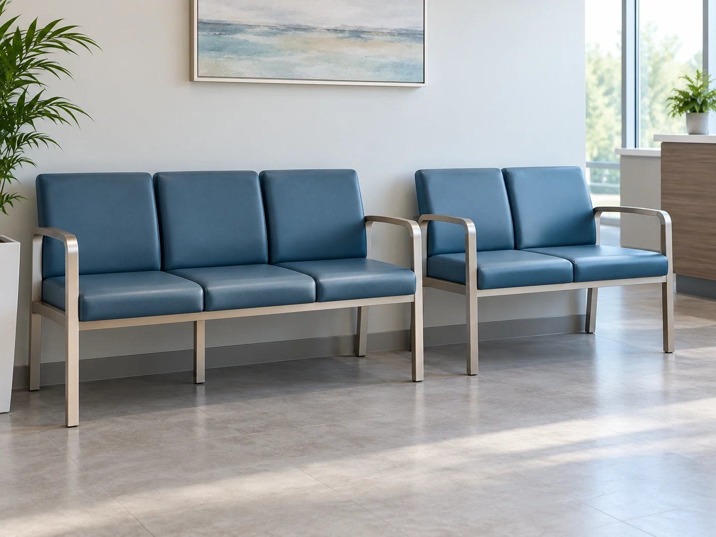 Run of linked blue vinyl seats along a waiting room wall