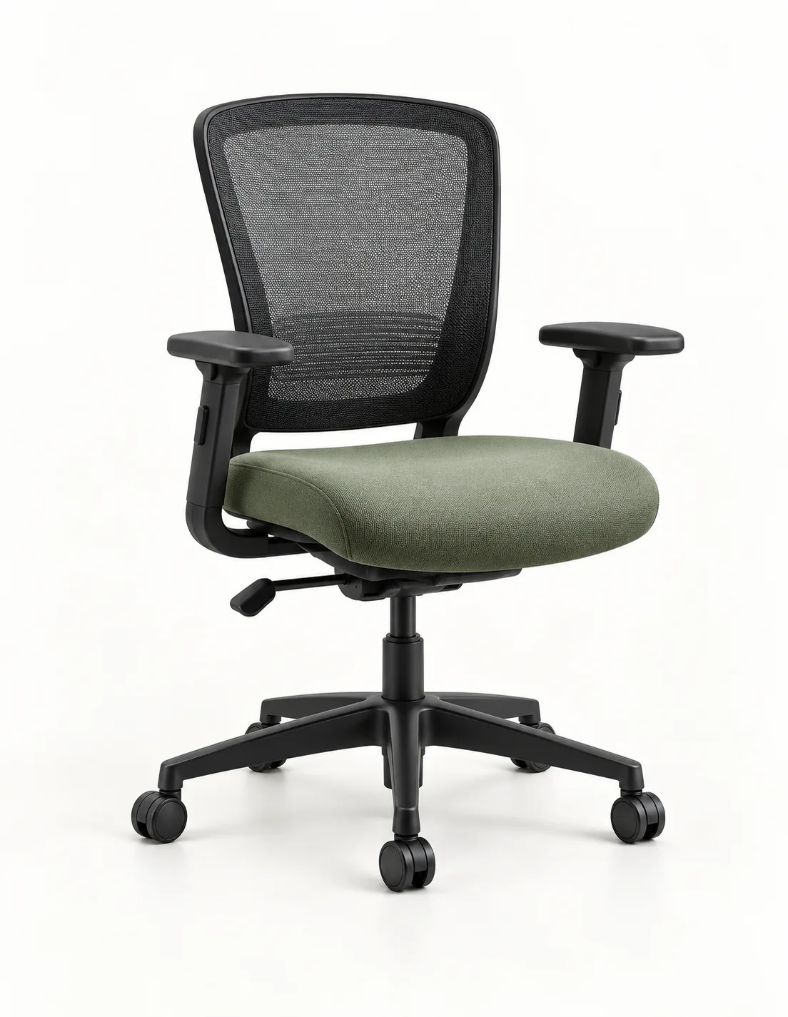 Mesh-back ergonomic task chair with a green upholstered seat