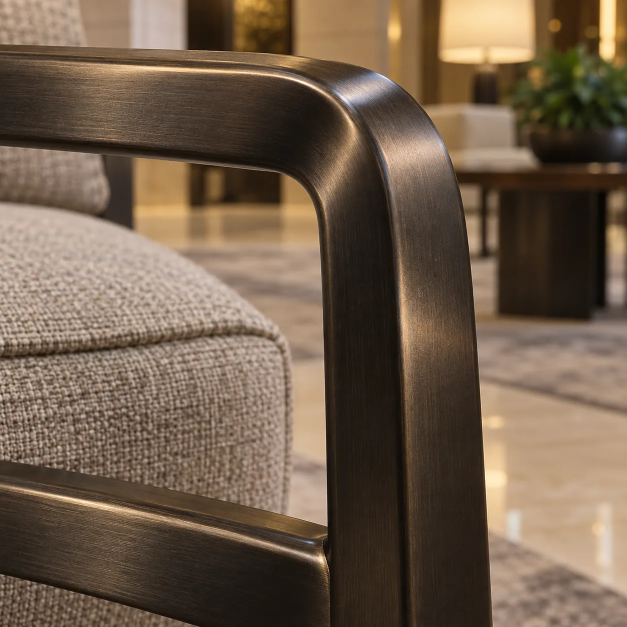 Close view of a refinished bronze metal chair frame