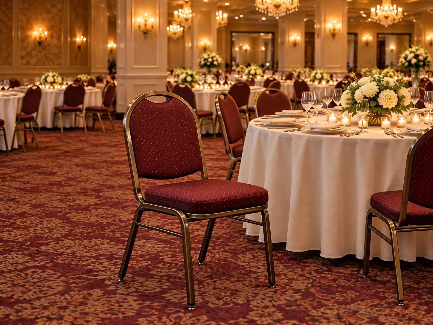 A restored metal stacking banquet chair