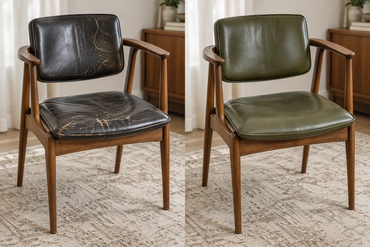 A midcentury dining armchair shown twice: cracked black leather pads on the left, the same frame with olive green leather pads on the right