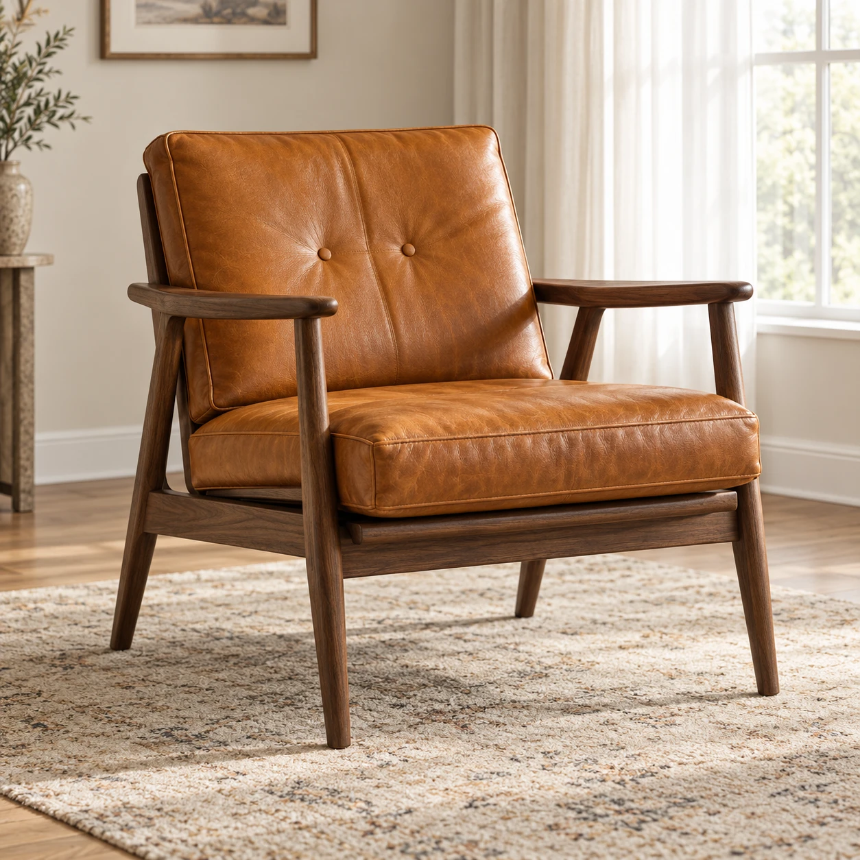 A tan buttoned leather lounge chair set into an exposed walnut frame