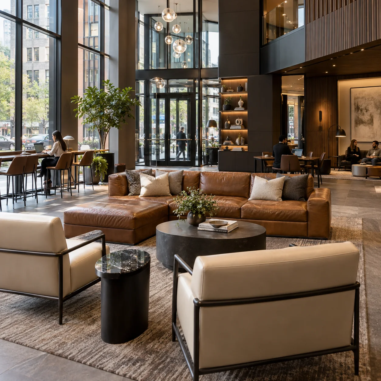 A shared lounge in a mixed-use building