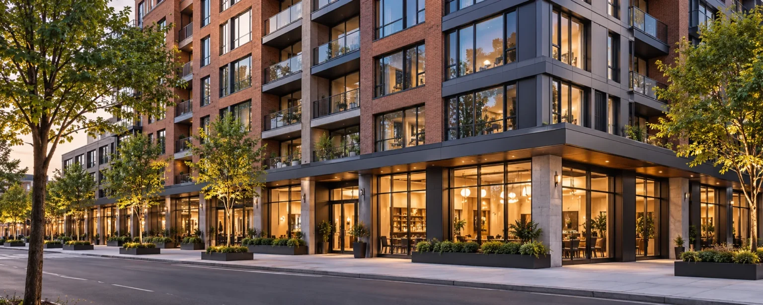 Mixed-use building with shops at street level