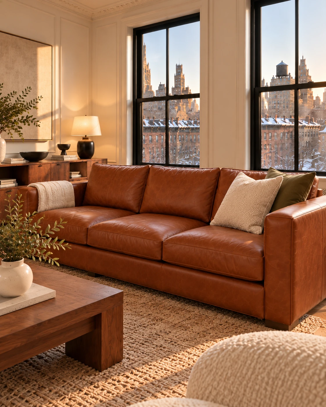 A cognac leather sofa in a staged model apartment