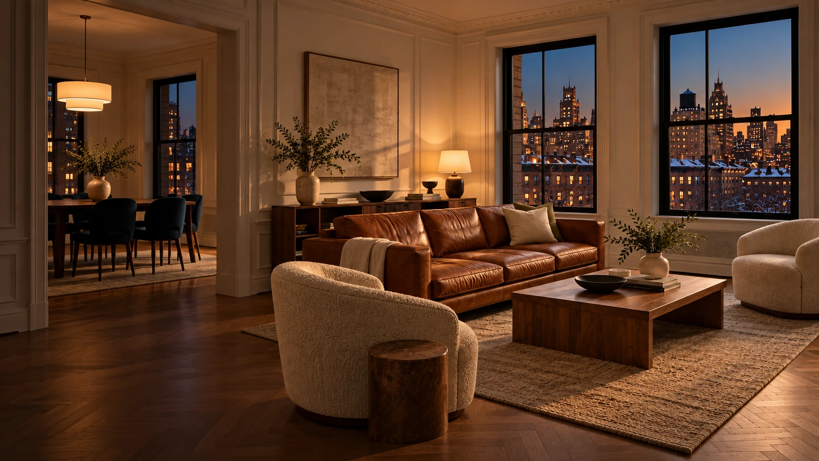 A model apartment at dusk with the lamps on and every piece square