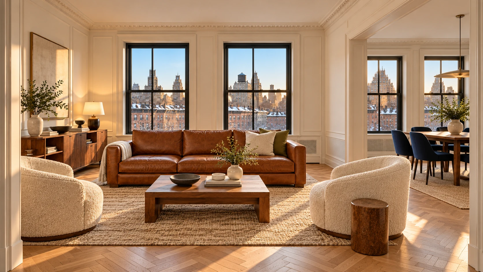 Model apartment furniture repair: a staged NYC model unit living room with a cognac leather sofa, photo ready