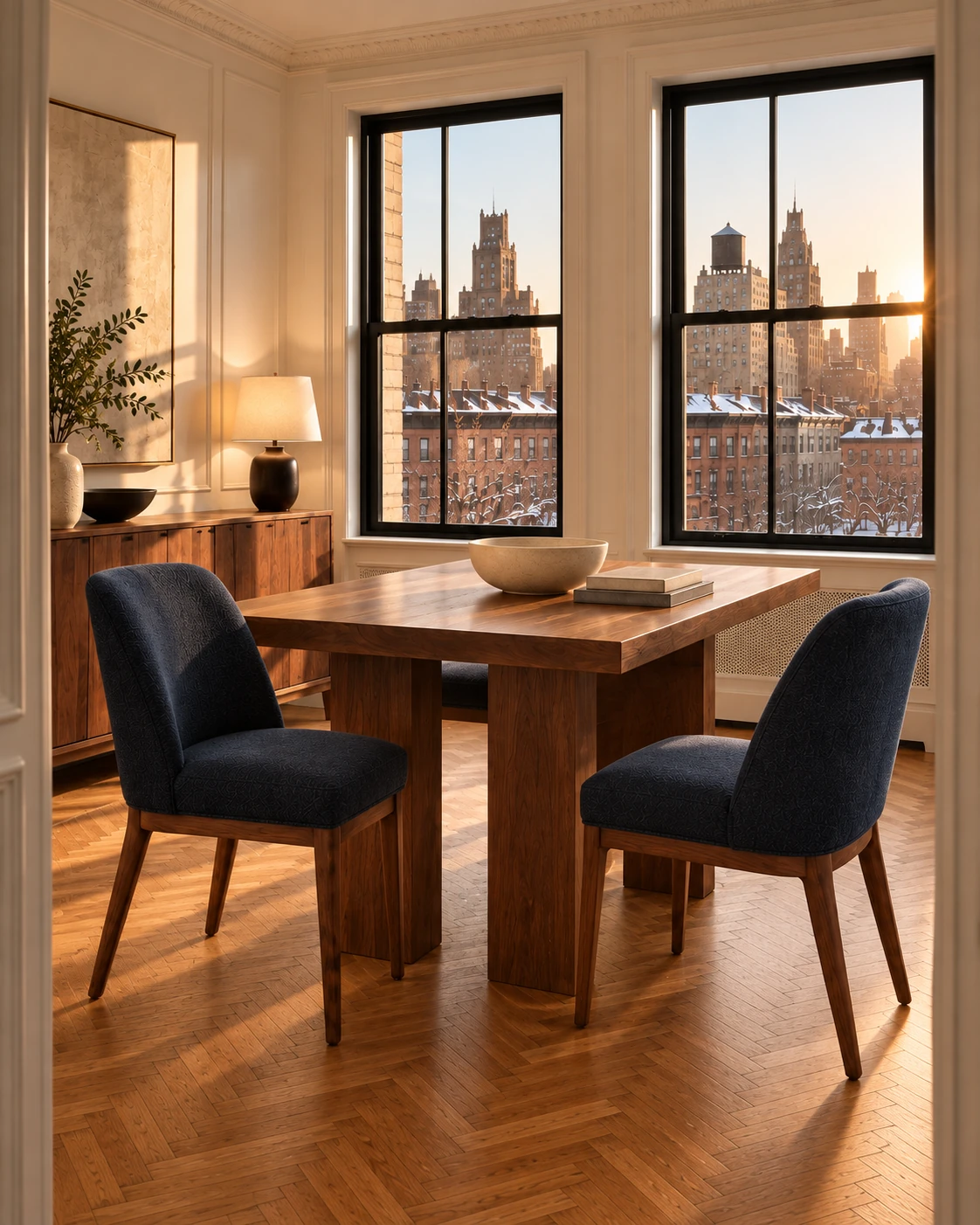 Navy dining chairs pulled out from a walnut table