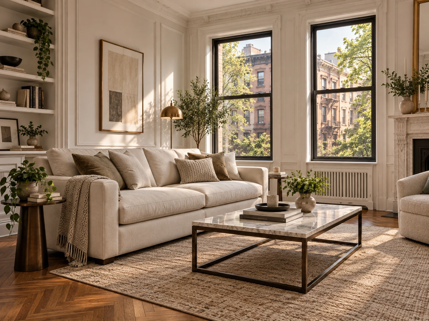 A staged model apartment living room with neutral upholstered seating