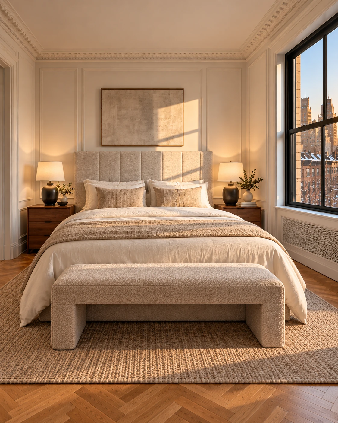 An oatmeal upholstered headboard and made bed