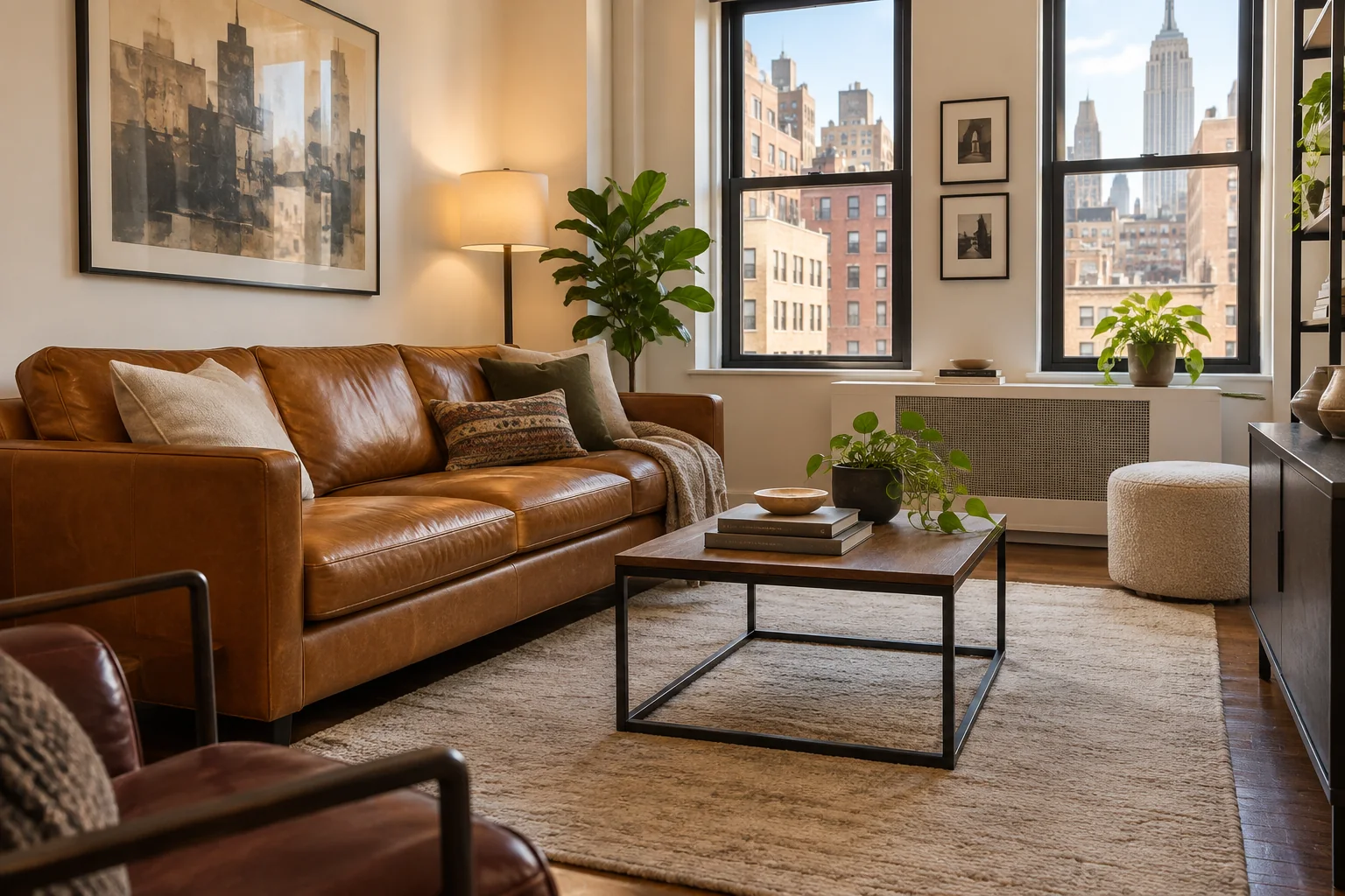 A staged model unit with a leather sofa