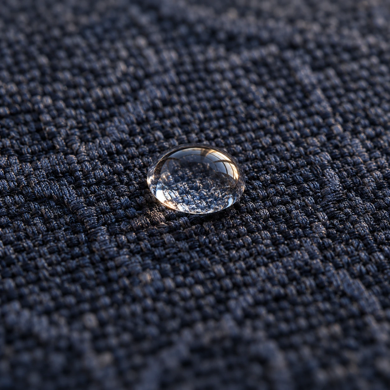 Macro of a navy performance fabric weave with a water bead