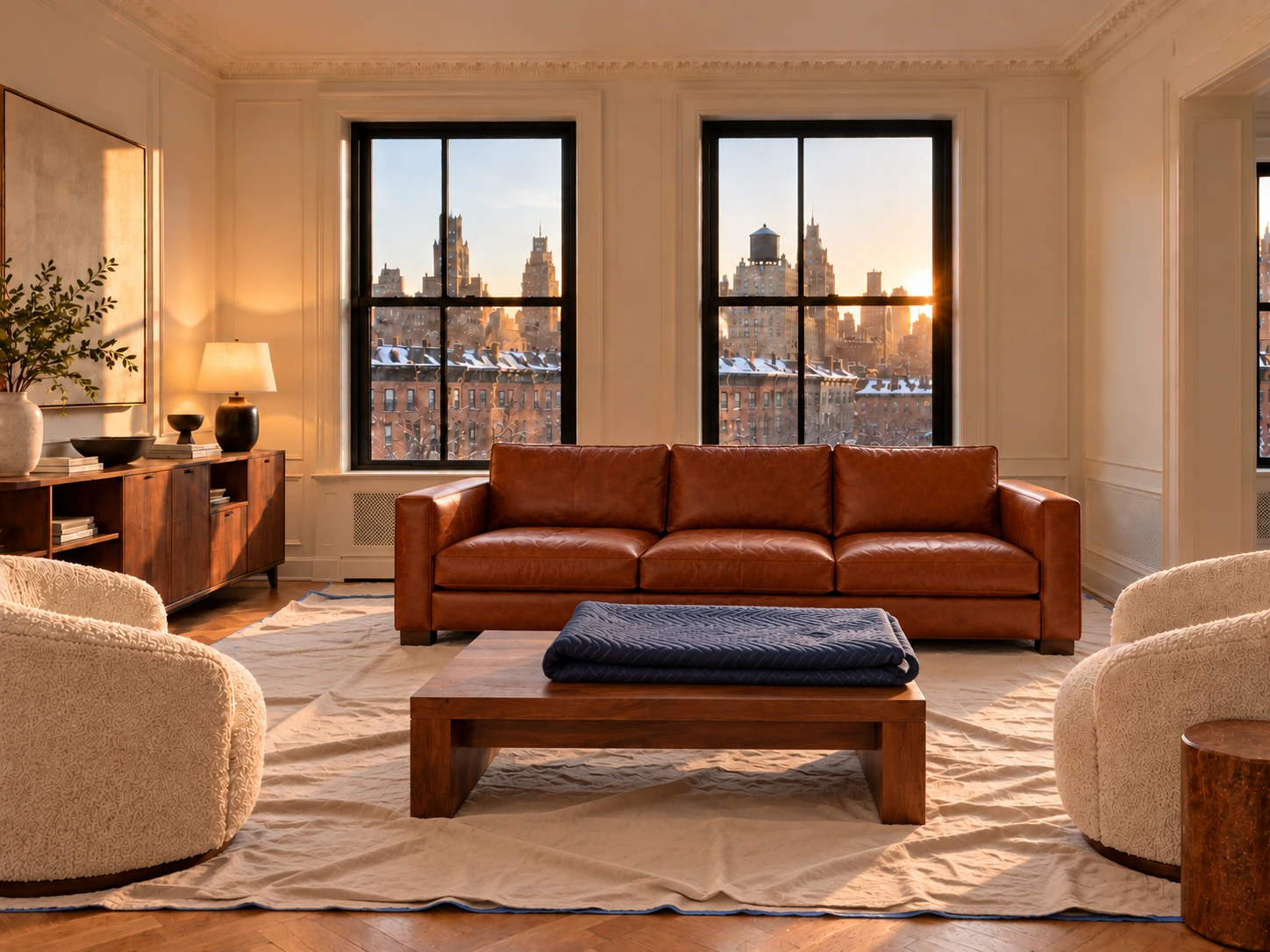 Drop cloths and a folded blanket protecting a model unit living room