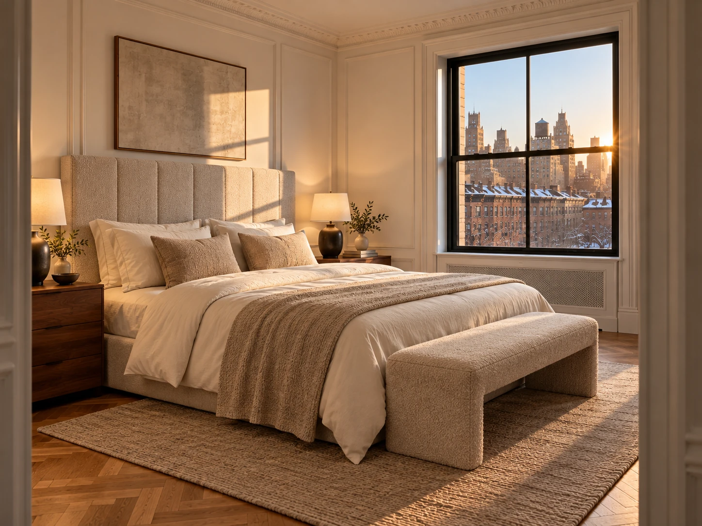 A model unit bedroom with a tall upholstered headboard