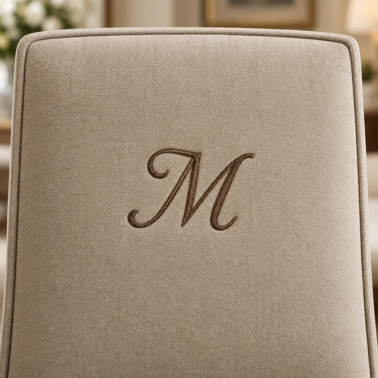 Embroidered monogram on a beige dining chair back