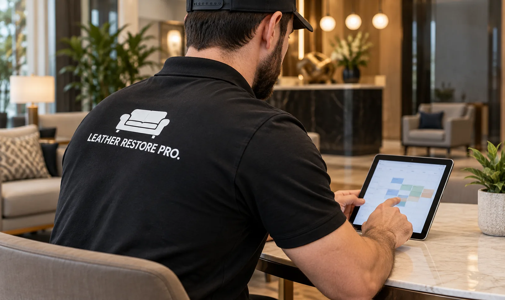 Monthly furniture maintenance visit record open on a laptop