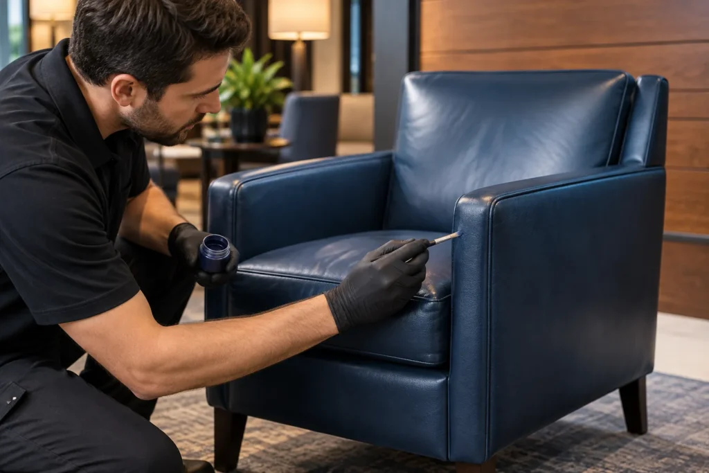 Technician cleaning a navy leather armchair on a monthly visit