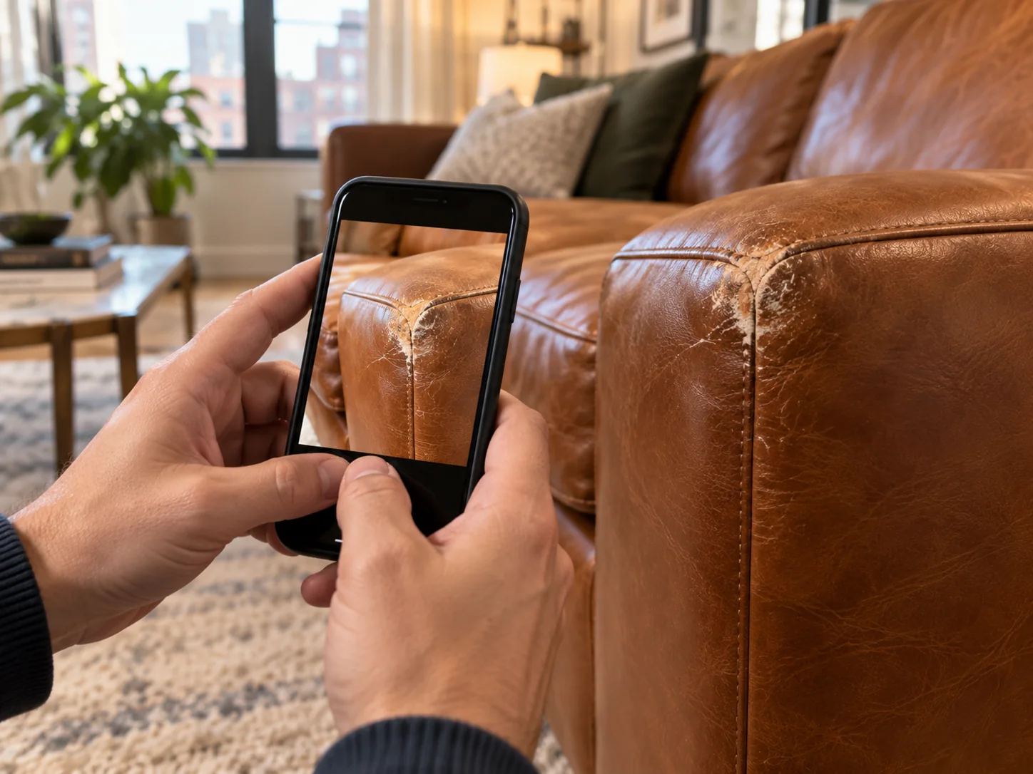 A customer photographing moving damage on a leather sofa with a phone