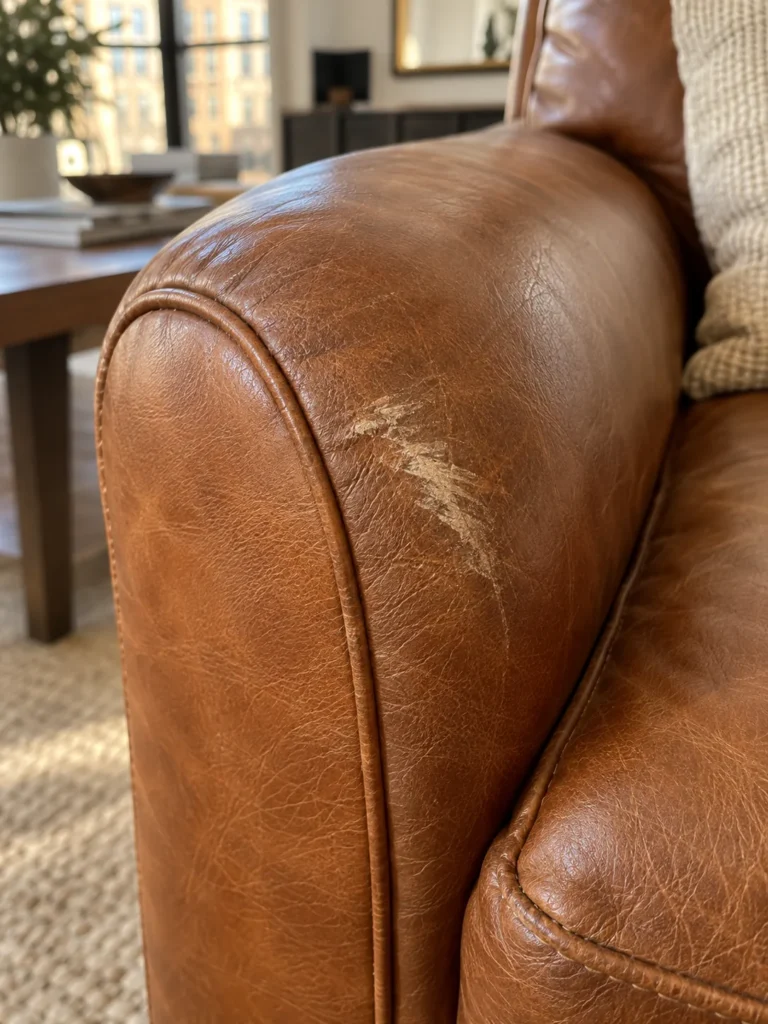 Scuffs on a cognac leather sofa arm from a move