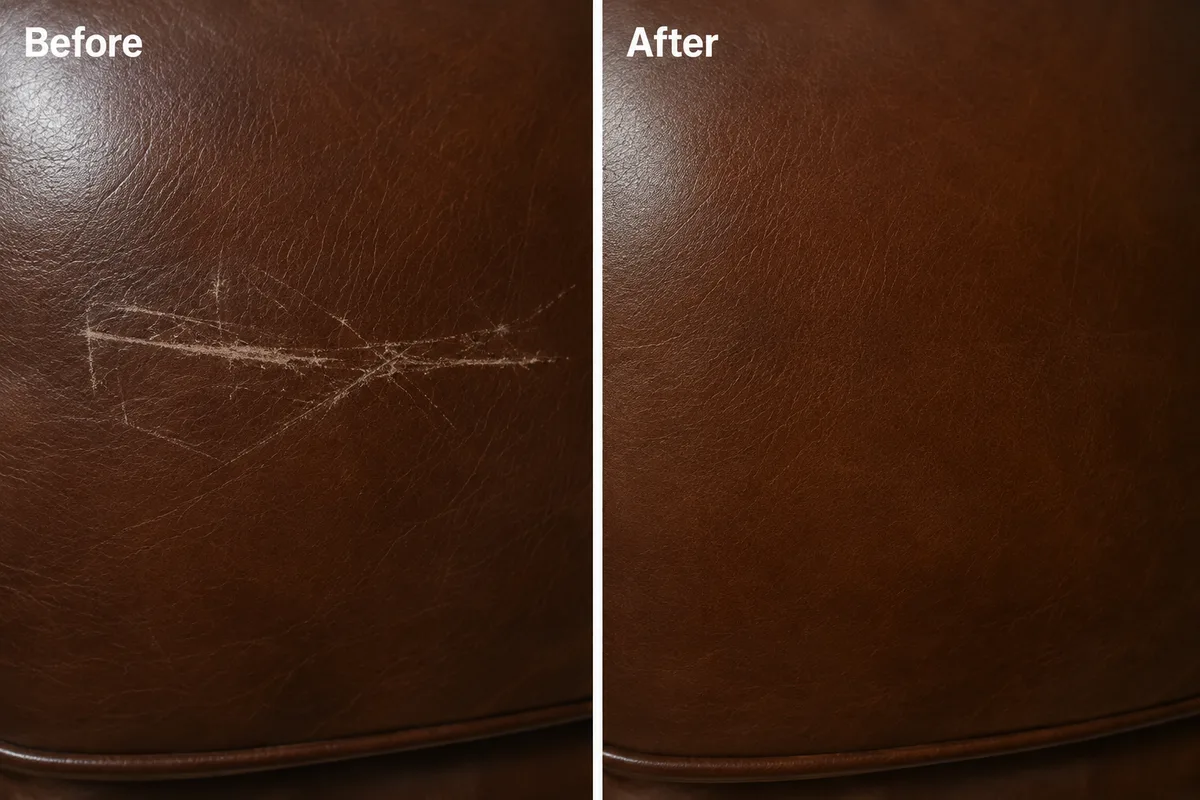 Close-up of brown leather before and after repair of multiple overlapping scratch marks
