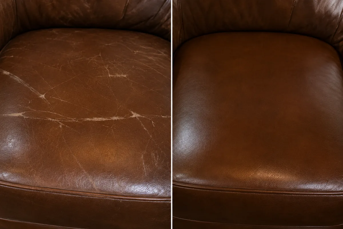 Brown leather armchair seat covered in pale branching scratches before repair and an even finish after