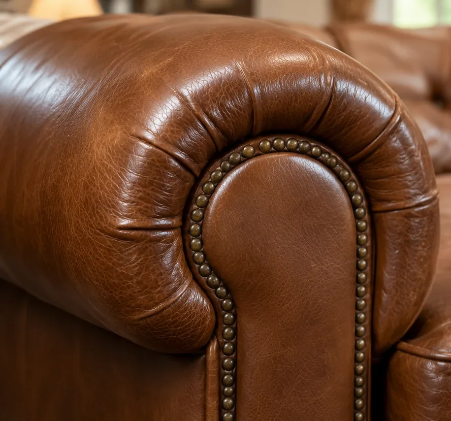 The same nailhead-trimmed sofa arm with an even sheen after treatment