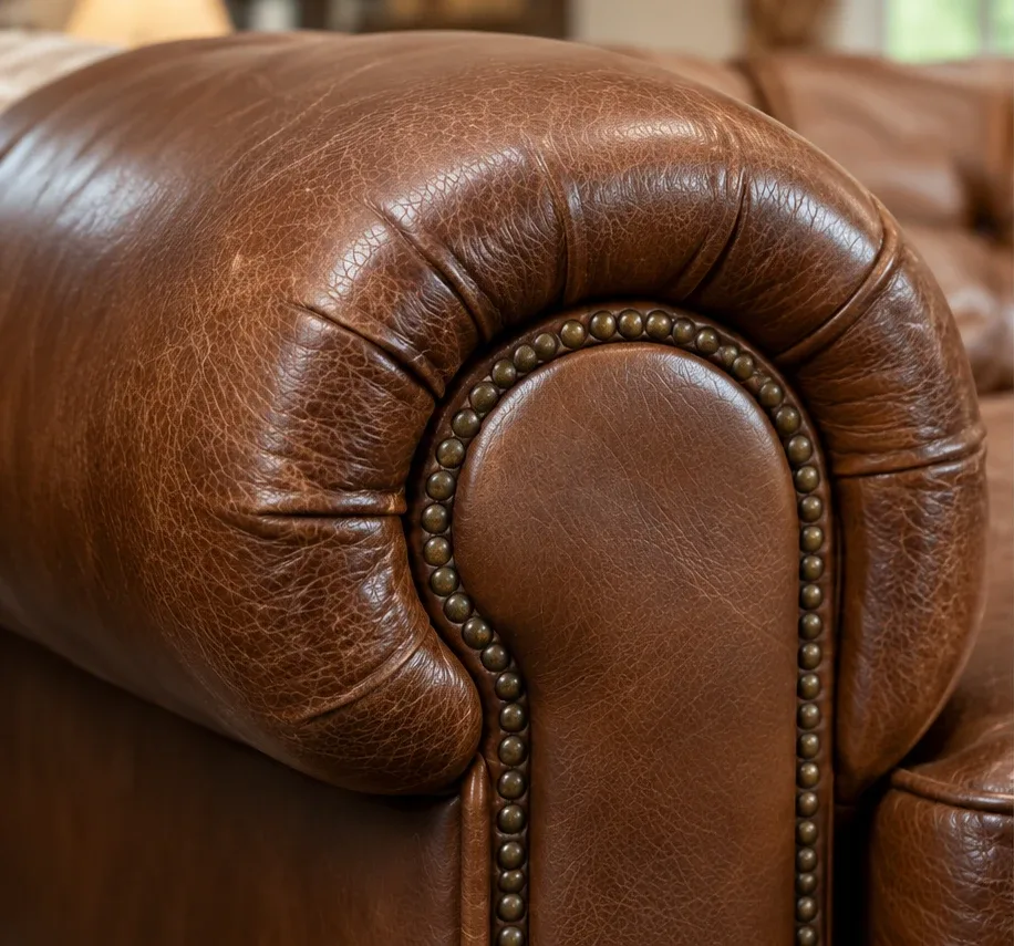 Brown leather sofa arm with nailhead trim, the surface dull before treatment