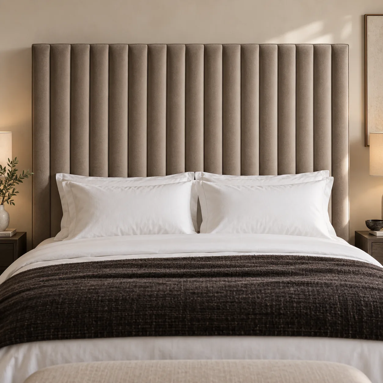 Taupe headboard with narrow closely spaced channel flutes