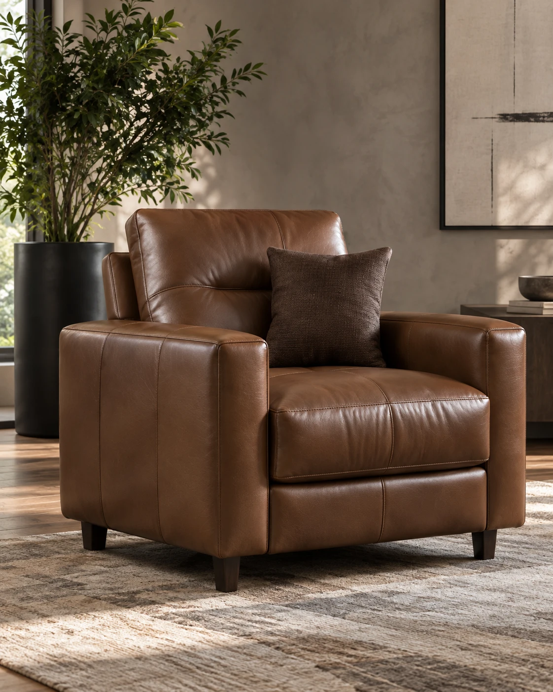 Brown Natuzzi leather armchair with a loose back cushion in a sunlit living room