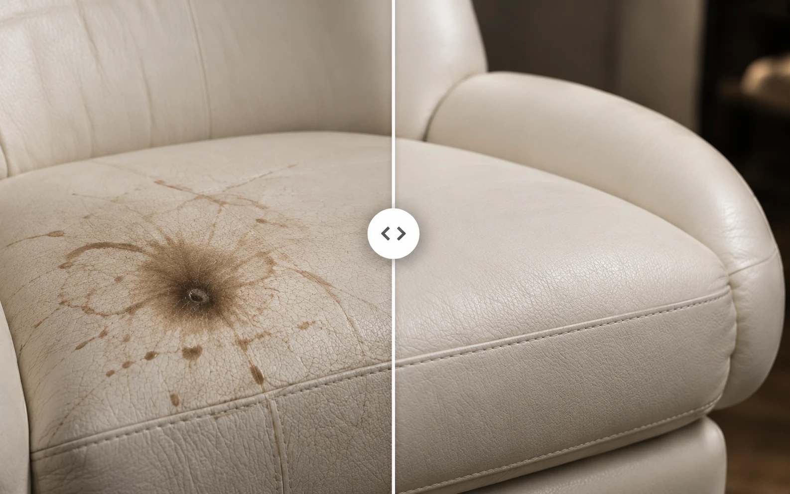 A cream leather chair seat with a brown spill stain on the left and the same seat cleaned back to an even cream on the right