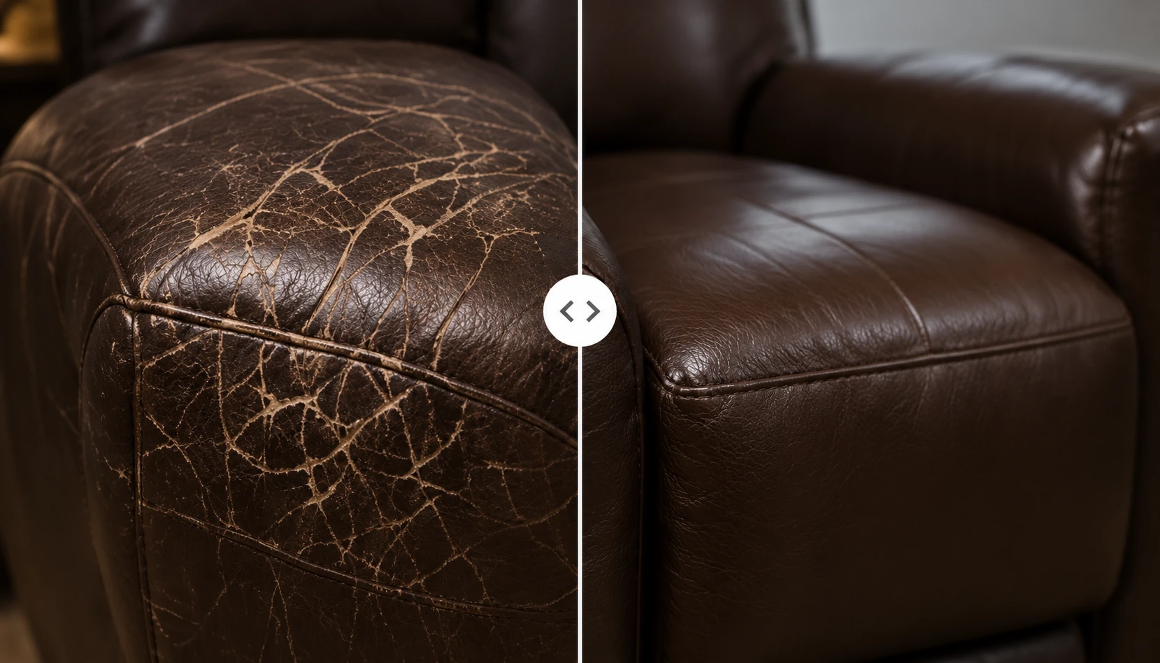 A dark brown recliner arm split by a web of cracks on the left and the same arm refinished on the right