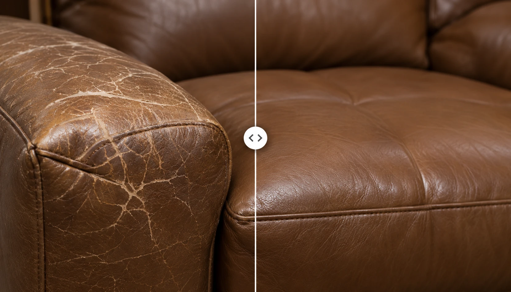 Natuzzi leather repair before and after: a tan sofa arm covered in crazed cracks on the left, the same arm recolored and smooth on the right