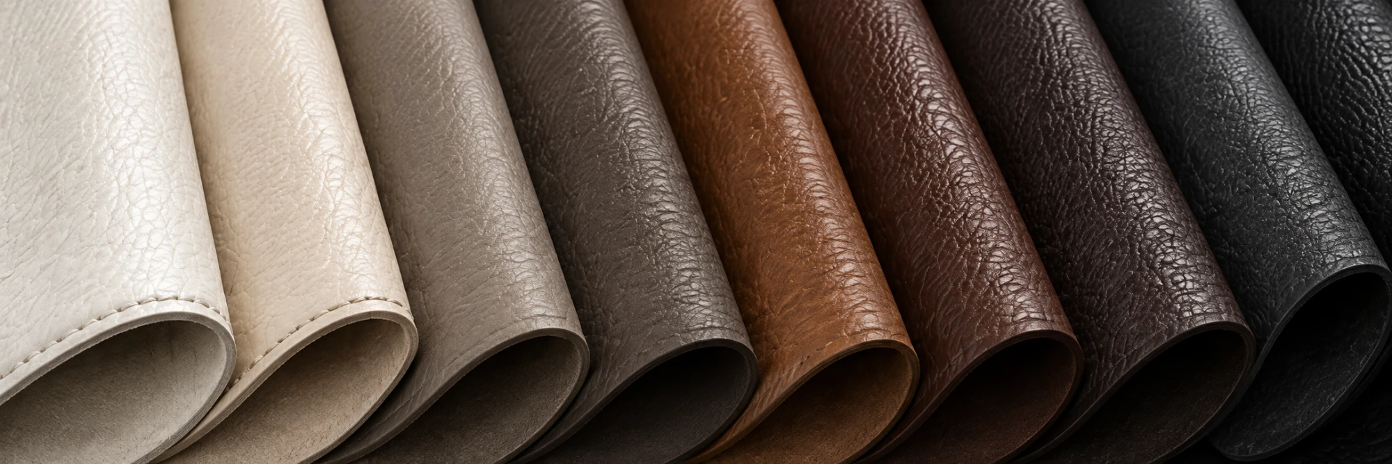 A fanned row of rolled leather swatches running from bone and greige through tan and cognac to near-black