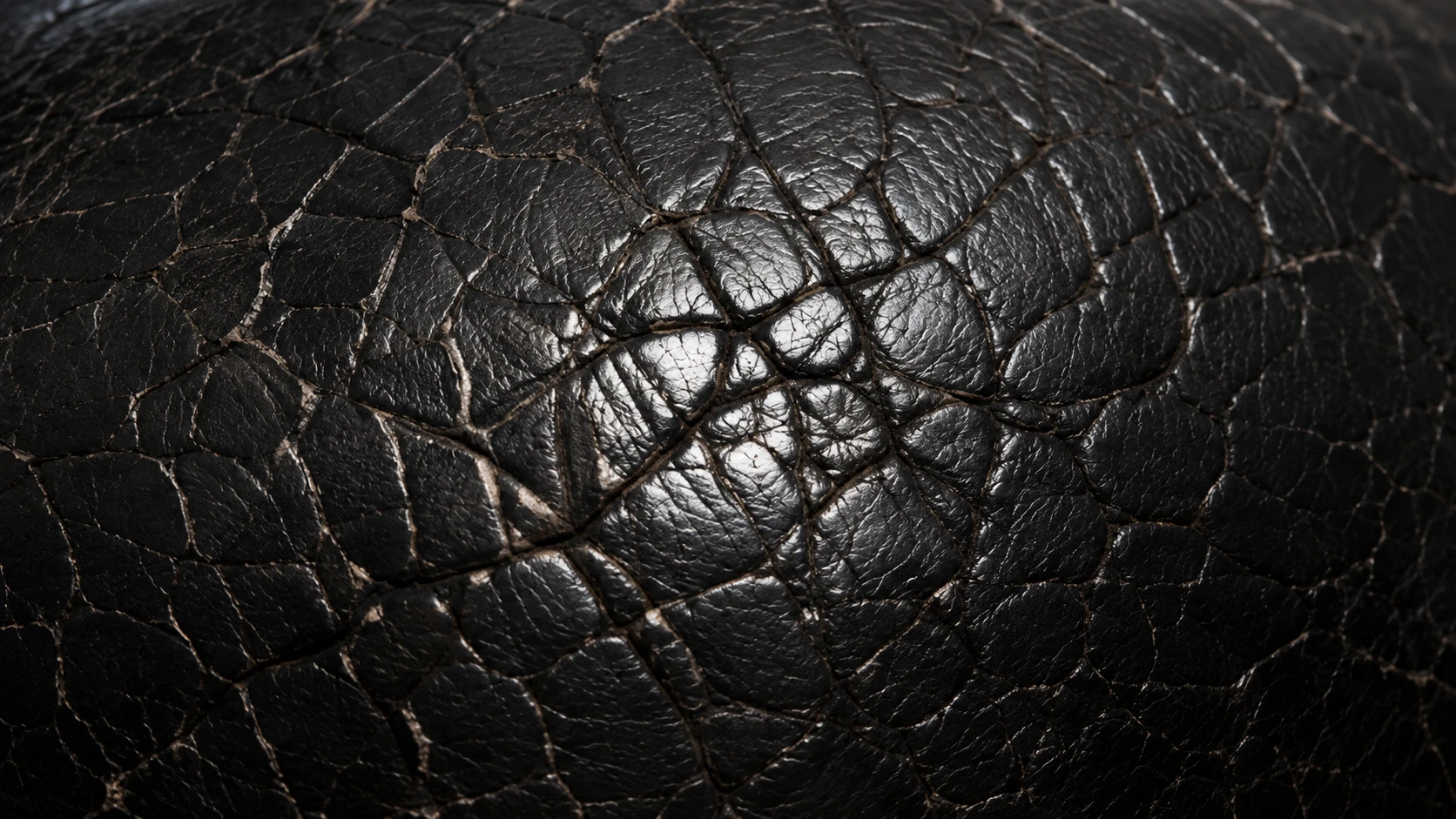A network of deep cracks opening across a black leather seat cushion