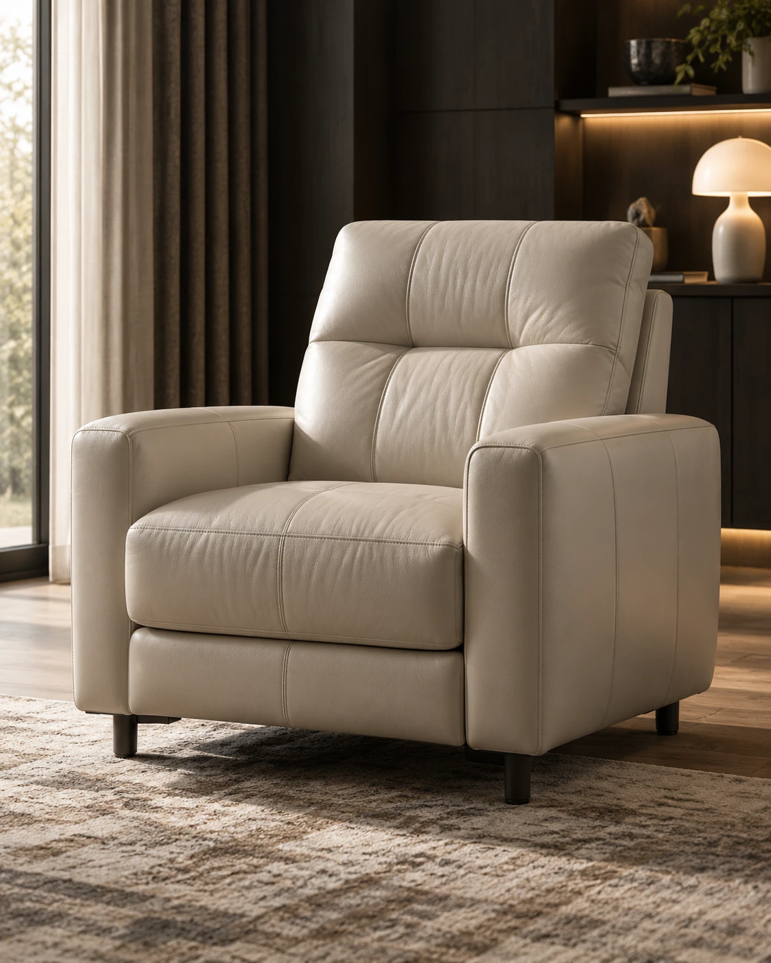 Cream Natuzzi leather recliner with a channelled back in a dark panelled room