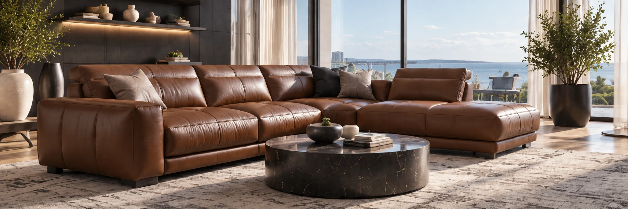 A large brown Natuzzi leather sectional facing a round stone coffee table in a bright waterfront room