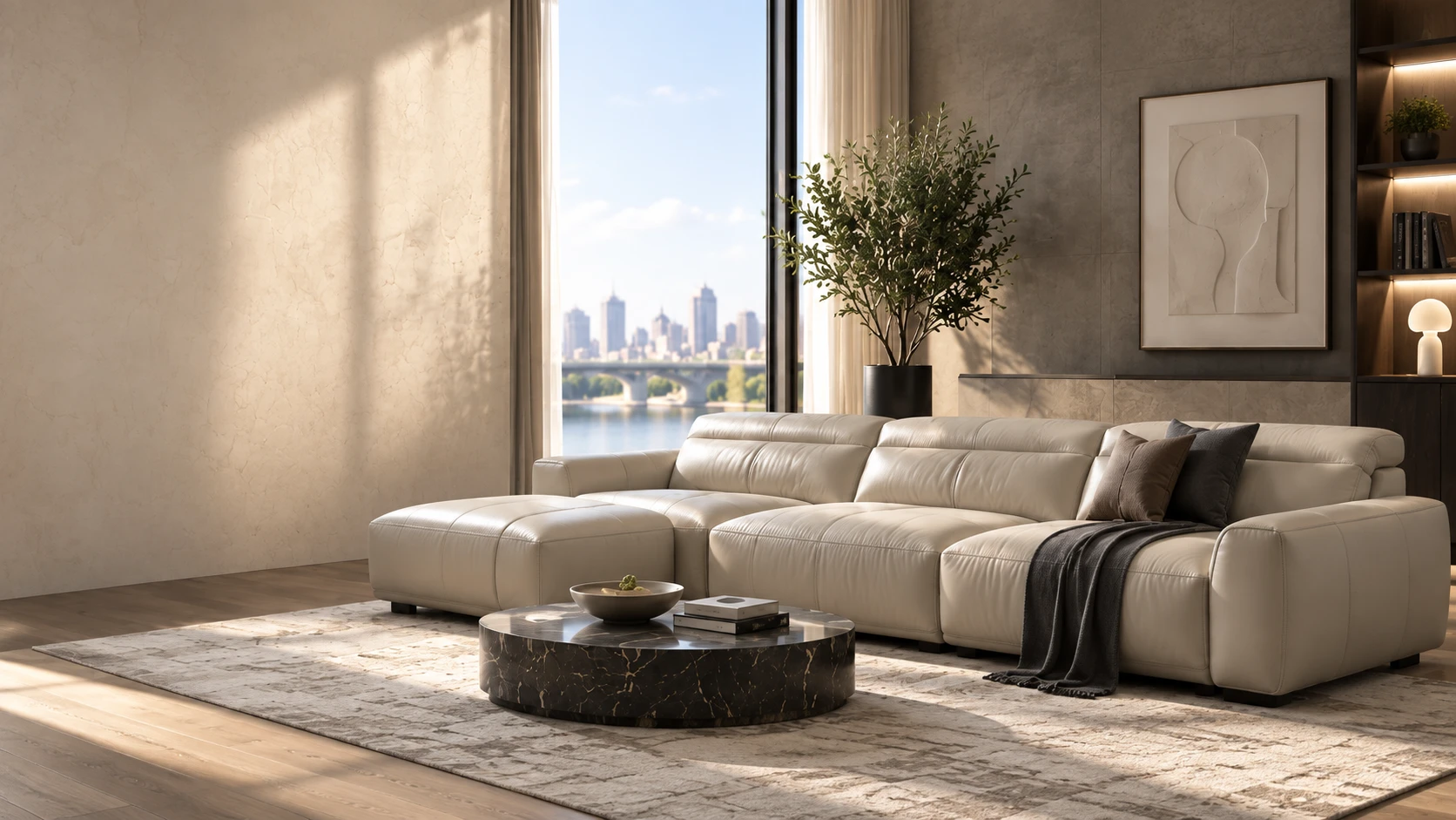 A cream Natuzzi leather sectional with a marble coffee table in a sunlit apartment overlooking a city skyline