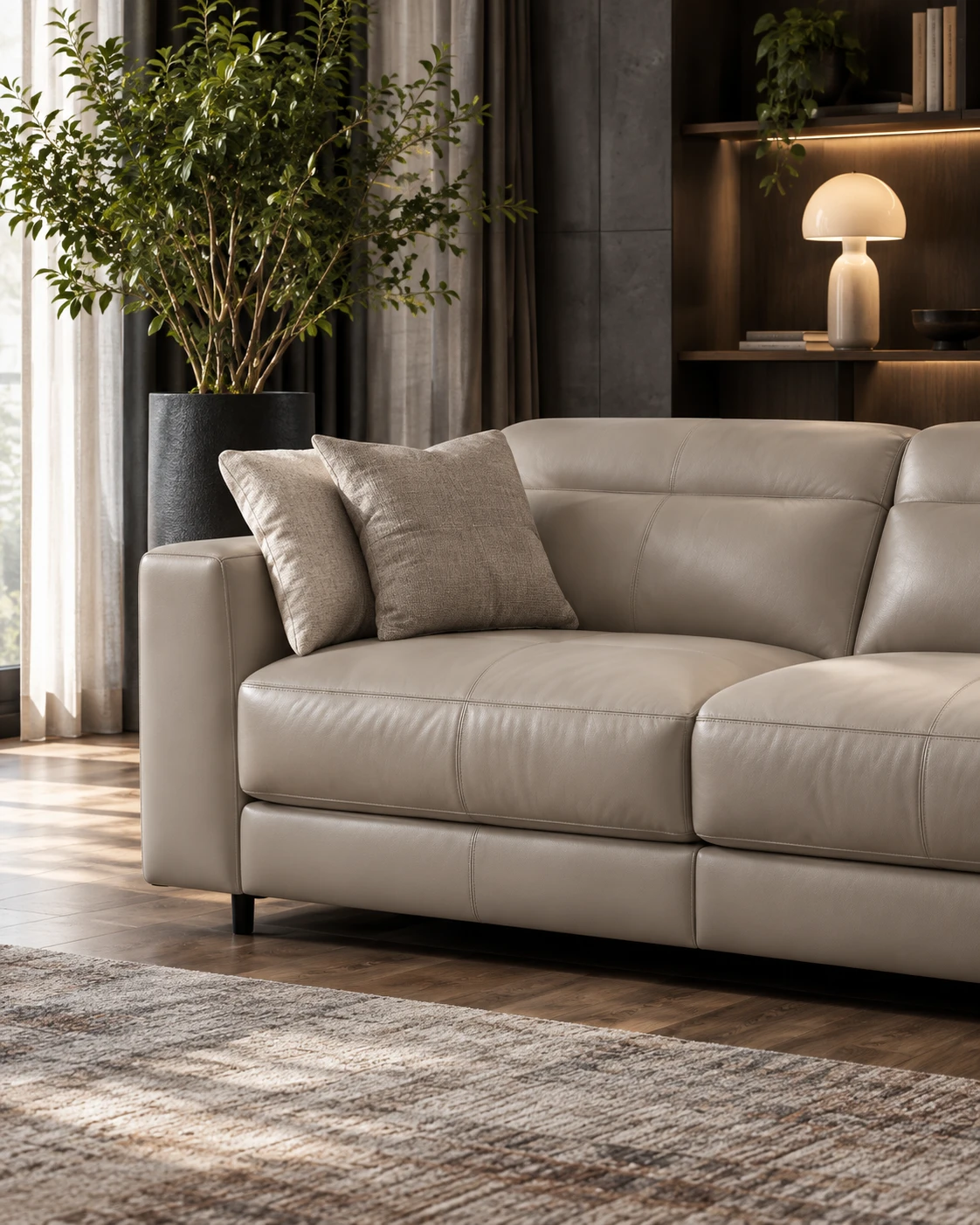 Taupe Natuzzi leather sofa with wide seat cushions and low dark feet