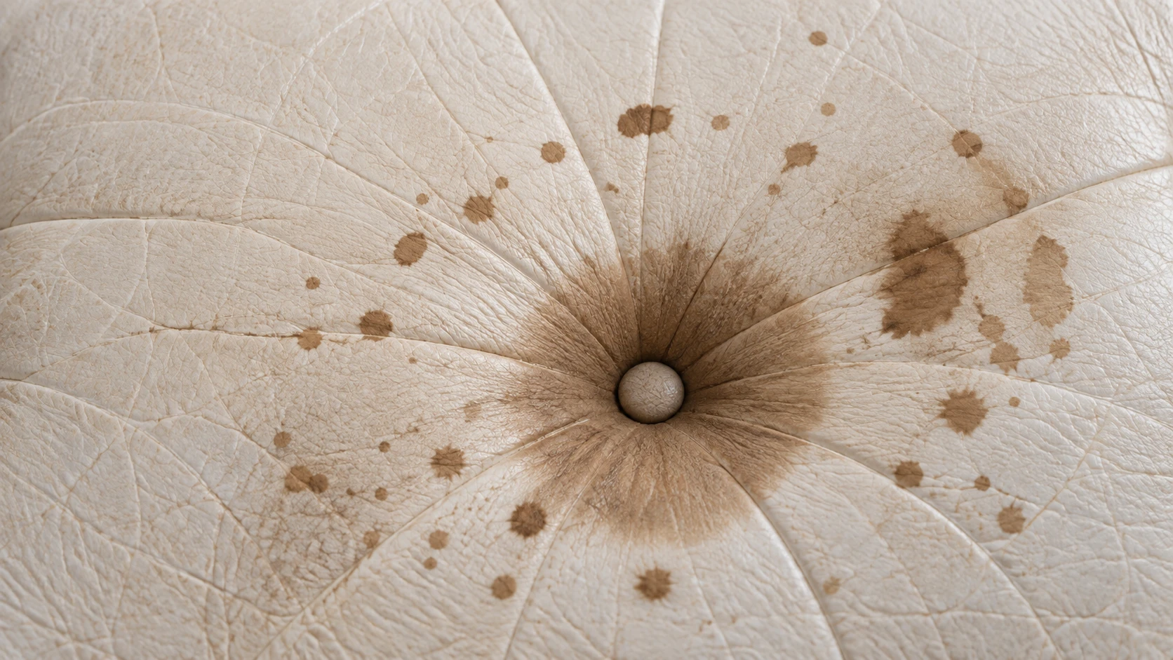 Brown splatter staining on a cream tufted leather cushion