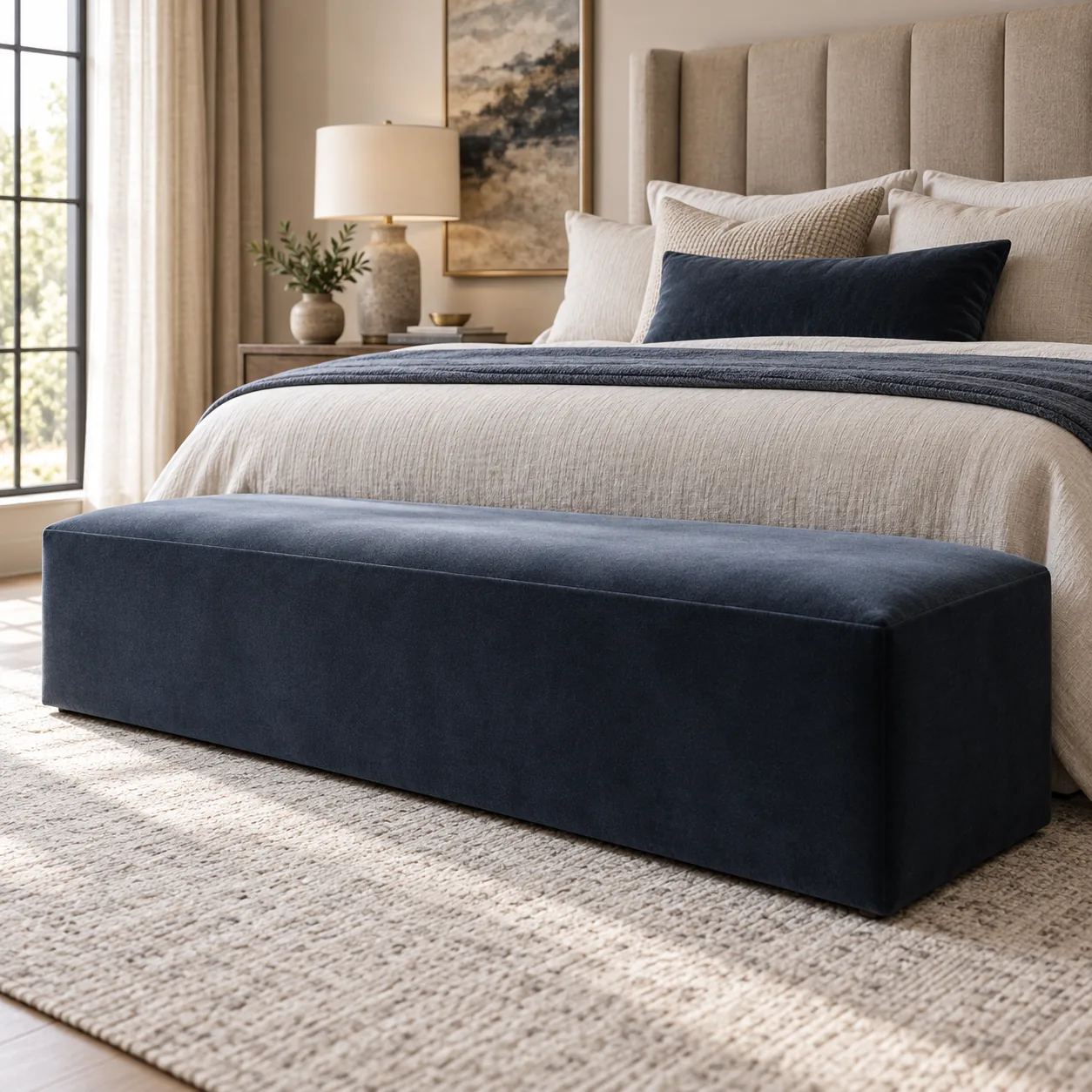 Navy bench standing across the foot of a made bed