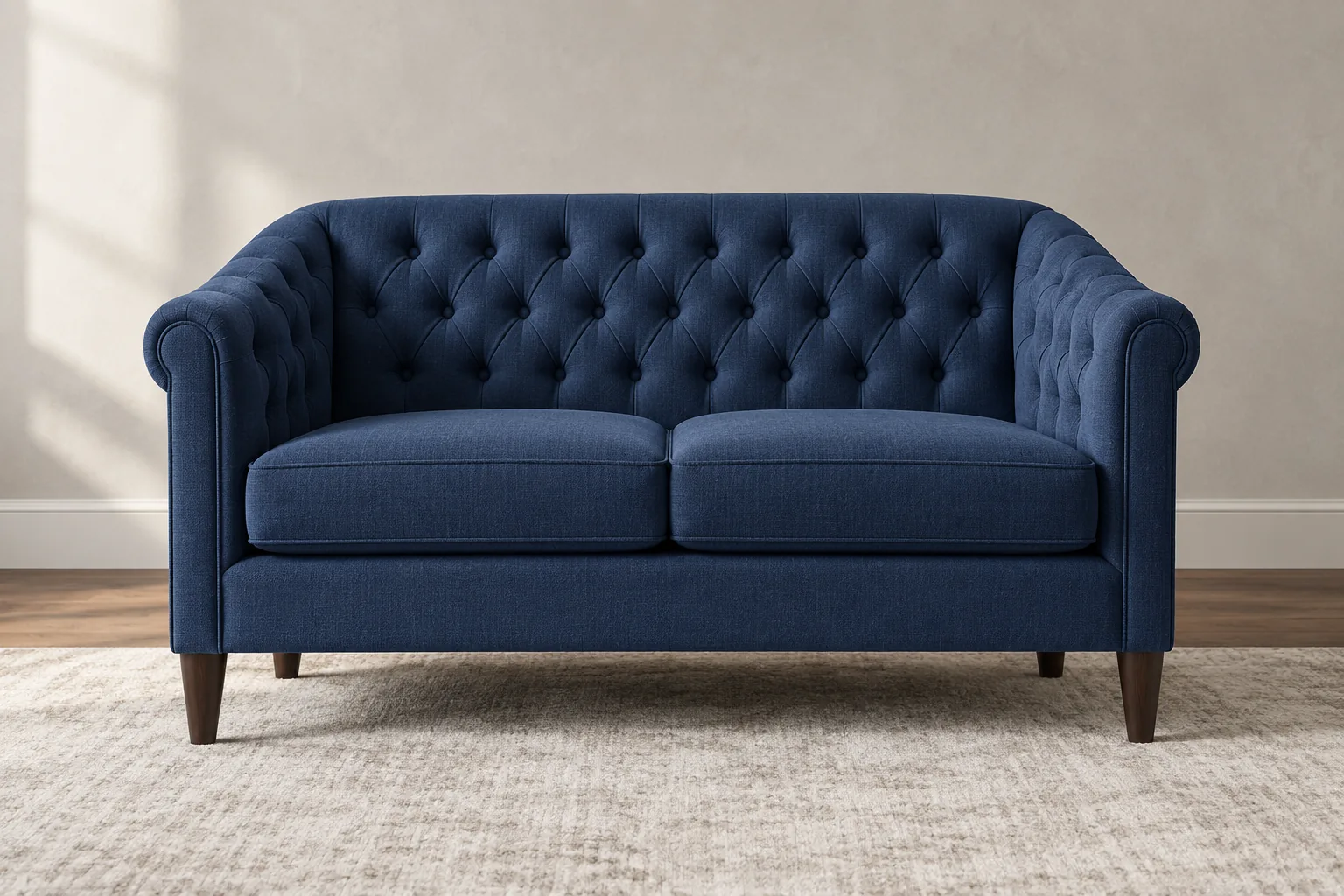 A button-tufted loveseat in a lounge