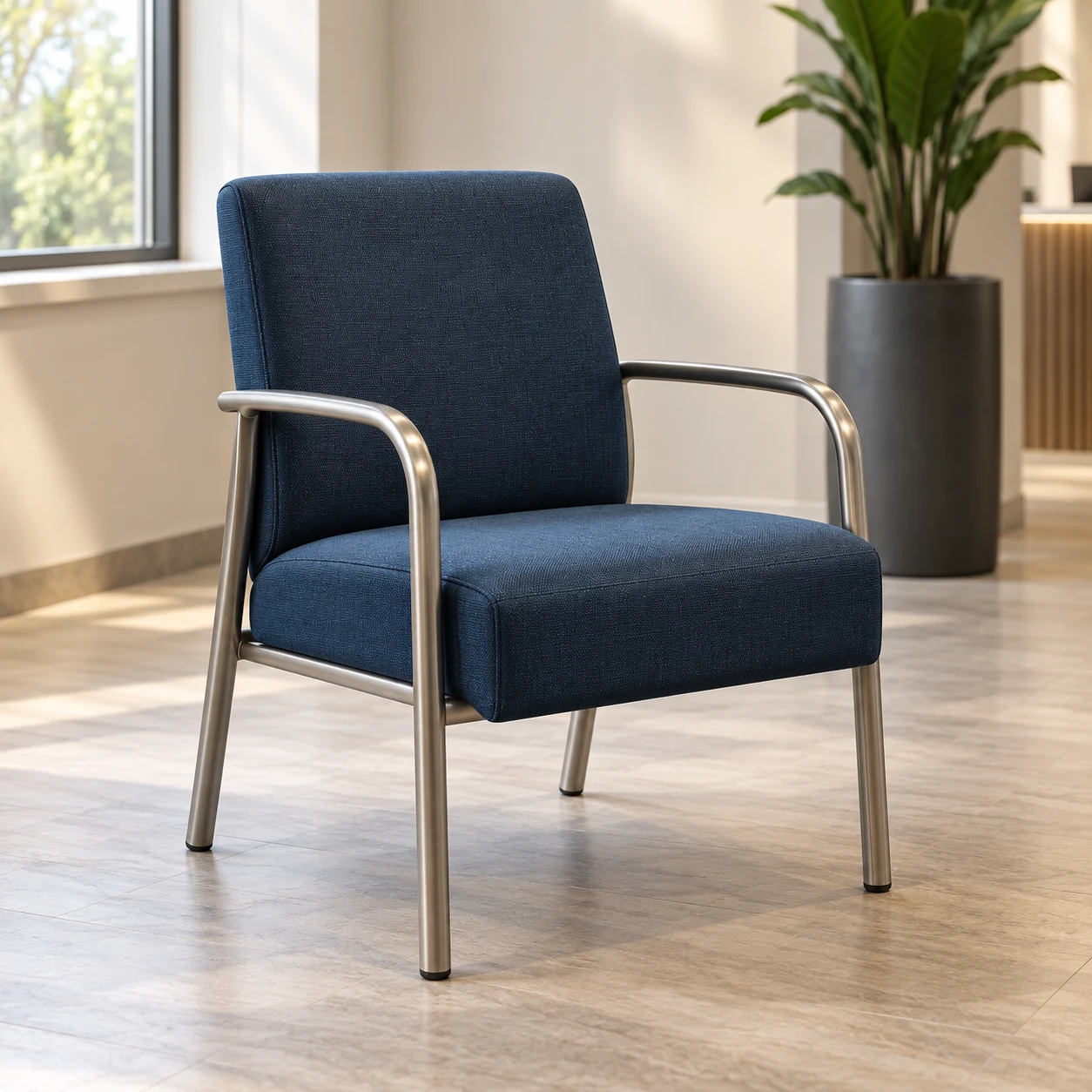 Navy guest chair on a steel frame by a window
