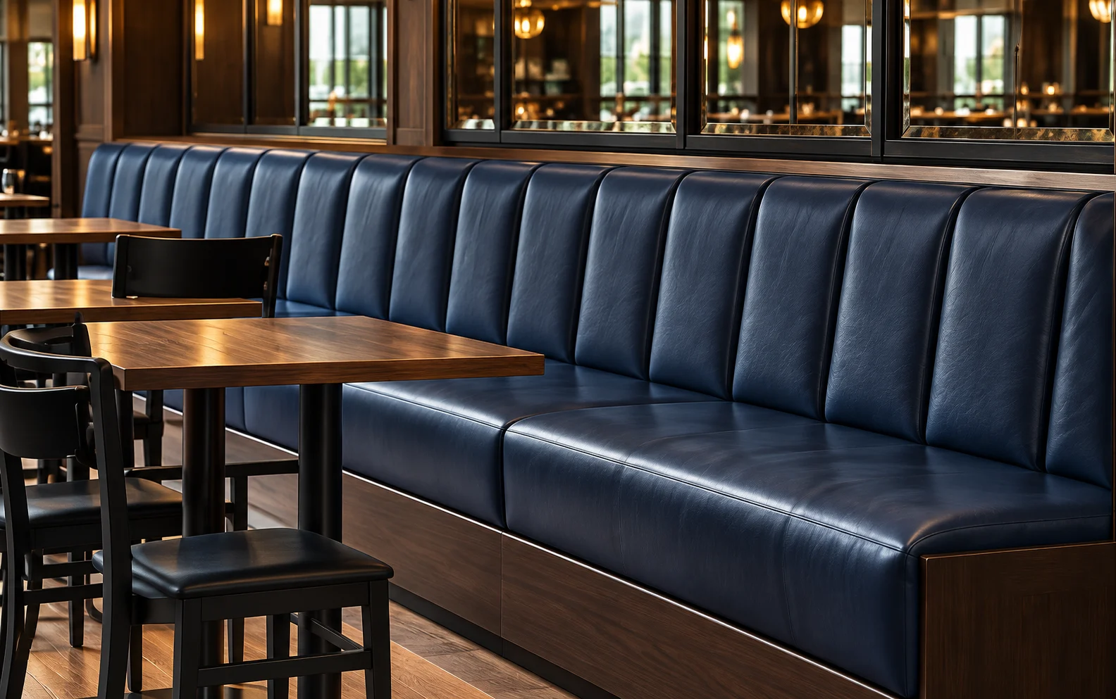 A navy leather banquette in a restaurant booth