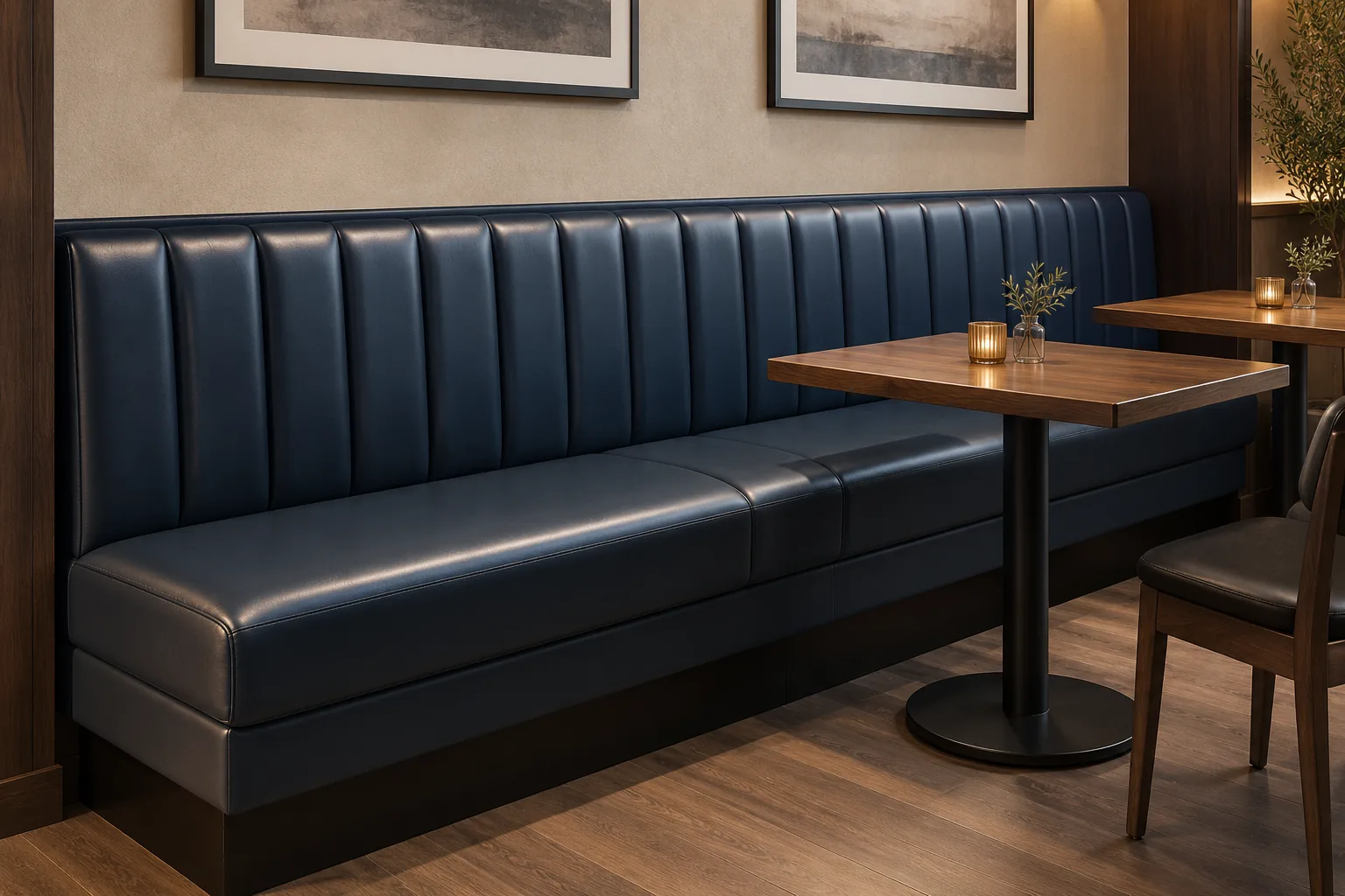 A straight leather banquette wall run